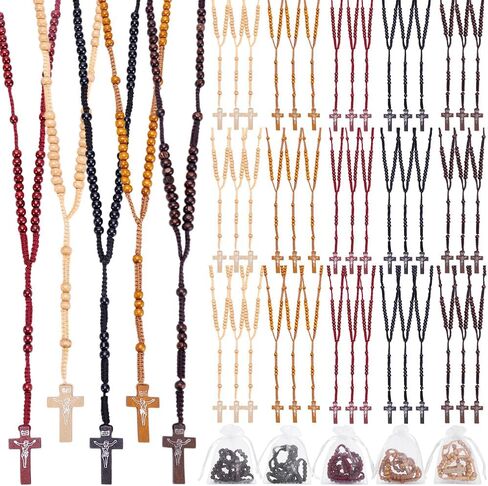 50Pcs Wooden Rosary Beads Necklace, Cross Pendant Rosary Necklace with Organza Bags 8MM Wooden Beads Pendant Baptism Favors for Men Women Easter Day Jewelry Gifts, 5 Colors in Kuwait