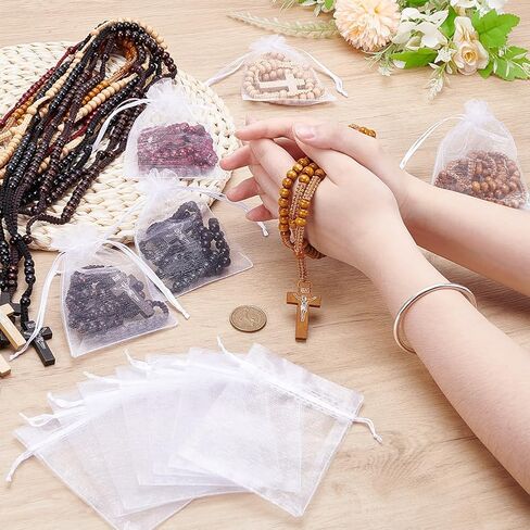 50Pcs Wooden Rosary Beads Necklace, Cross Pendant Rosary Necklace with Organza Bags 8MM Wooden Beads Pendant Baptism Favors for Men Women Easter Day Jewelry Gifts, 5 Colors in Kuwait