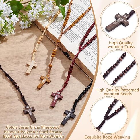 50Pcs Wooden Rosary Beads Necklace, Cross Pendant Rosary Necklace with Organza Bags 8MM Wooden Beads Pendant Baptism Favors for Men Women Easter Day Jewelry Gifts, 5 Colors in Kuwait