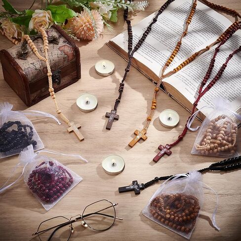 50Pcs Wooden Rosary Beads Necklace, Cross Pendant Rosary Necklace with Organza Bags 8MM Wooden Beads Pendant Baptism Favors for Men Women Easter Day Jewelry Gifts, 5 Colors in Kuwait