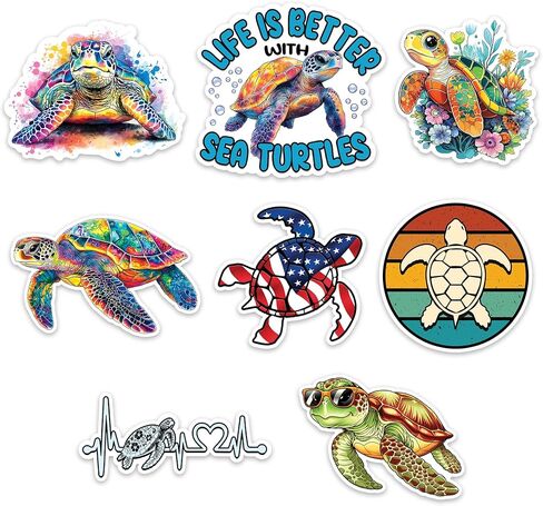 Sea Turtle Sticker 8 Pcs (Large Size) Vinyl Stickers Laptop Waterproof Decal for Car Bumper Water Bottle Notebook Luggage Window Funny Party Birthday Decorations - Size 4 Inches in Kuwait