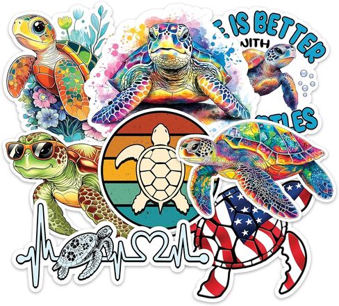 Sea Turtle Sticker 8 Pcs (Large Size) Vinyl Stickers Laptop Waterproof Decal for Car Bumper Water Bottle Notebook Luggage Window Funny Party Birthday Decorations - Size 4 Inches in Kuwait