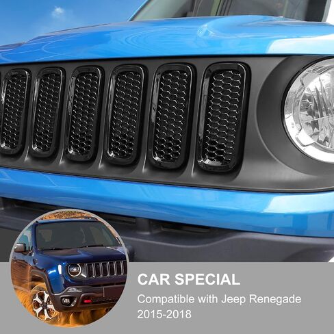 JeCar 7pcs Front Grill Inserts Compatible with Jeep Renegade 2016 2017 2018 - Black Grill Cover Trim Exterior Accessories in Saudi Arabia