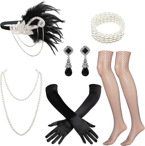 1920s Flapper Accessories Set for Women, Roaring 20s Costume Kit Including Feather Headpiece, Necklace, Earrings, Gloves, Bracelet & Stockings, Black in Kuwait