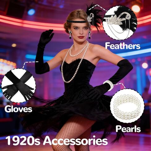 1920s Flapper Accessories Set for Women, Roaring 20s Costume Kit Including Feather Headpiece, Necklace, Earrings, Gloves, Bracelet & Stockings, Black in Kuwait