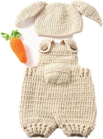 LOGOFUN Crochet Bunny Outfit Newborn Photoshoot Easter Costume with Carrot Prop Knitted Overalls Adorable Design in Saudi Arabia