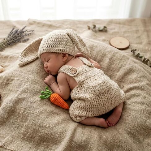 LOGOFUN Crochet Bunny Outfit Newborn Photoshoot Easter Costume with Carrot Prop Knitted Overalls Adorable Design in Saudi Arabia