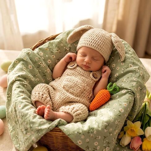 LOGOFUN Crochet Bunny Outfit Newborn Photoshoot Easter Costume with Carrot Prop Knitted Overalls Adorable Design in Saudi Arabia