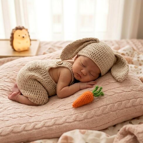 LOGOFUN Crochet Bunny Outfit Newborn Photoshoot Easter Costume with Carrot Prop Knitted Overalls Adorable Design in Saudi Arabia