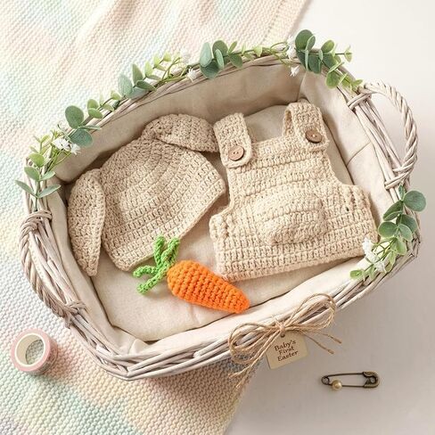 LOGOFUN Crochet Bunny Outfit Newborn Photoshoot Easter Costume with Carrot Prop Knitted Overalls Adorable Design in Saudi Arabia