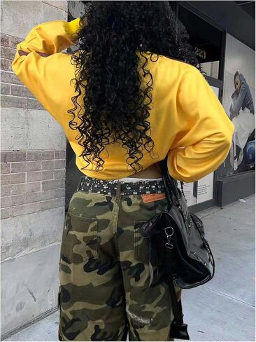 GORGLITTER Women's Hip Hop Cropped Jersey Shirt Letter Graphic Loose Oversized Crop Sweatshirt Pullover Streetwear Multicolor Medium in Saudi Arabia