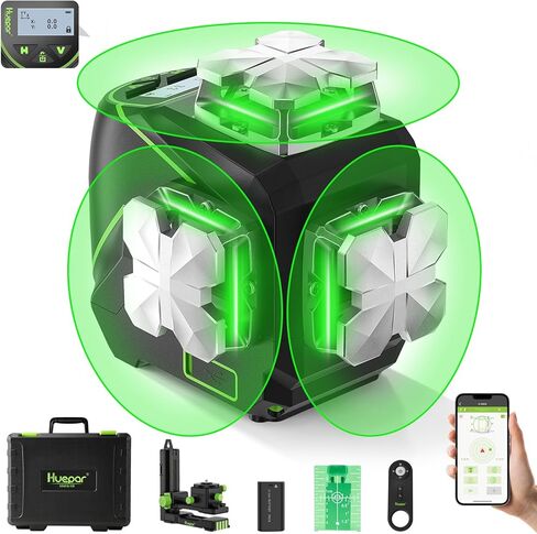 Huepar Laser Level 360 Self Leveling, 4x360° Green Cross Line Laser with LCD Screen, 4D Bluetooth Outdoor Pulse Mode Laser Tool for Construction -Remote Control, Li-ion Battery or 4 AA Batteries-S04CG in Kuwait