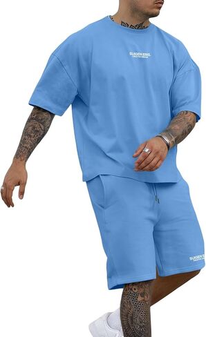 طقم تي شيرت شورت رجالي مكون من قطعتين بأكتاف منسدلة وأحرف كبيرة الحجم، بدلة رياضية صيفية للركض in Kuwait