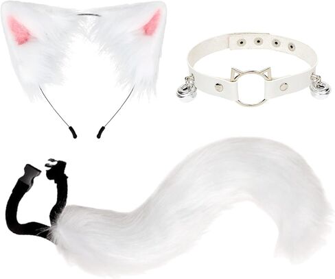 Wolf Fox Ears and Tail Set White Wolf Fox Ears and Animal Tail Cosplay Costume, Furry Therian Tail and Ear Leather Bell Collar Set for Halloween Christmas Women Men in Saudi Arabia