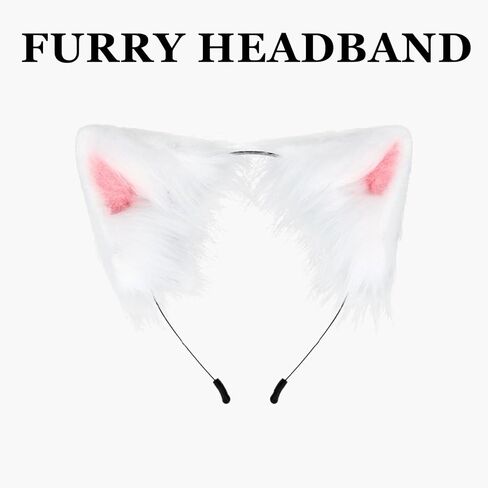 Wolf Fox Ears and Tail Set White Wolf Fox Ears and Animal Tail Cosplay Costume, Furry Therian Tail and Ear Leather Bell Collar Set for Halloween Christmas Women Men in Saudi Arabia