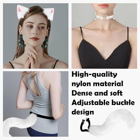 Wolf Fox Ears and Tail Set White Wolf Fox Ears and Animal Tail Cosplay Costume, Furry Therian Tail and Ear Leather Bell Collar Set for Halloween Christmas Women Men in Saudi Arabia