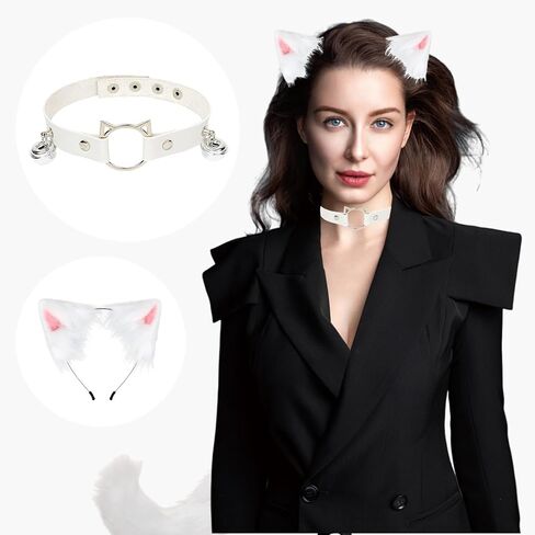 Wolf Fox Ears and Tail Set White Wolf Fox Ears and Animal Tail Cosplay Costume, Furry Therian Tail and Ear Leather Bell Collar Set for Halloween Christmas Women Men in Saudi Arabia