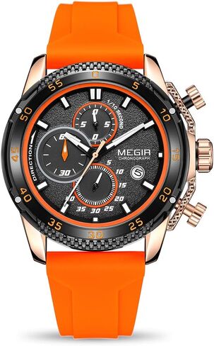 MEGIR Men's Sports Analogue Chronograph Luminous Quartz Watches with Stylish Orange Silicone Strap for Gifts (2211 Orange) in Saudi Arabia