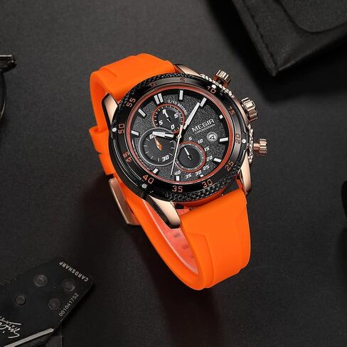 MEGIR Men's Sports Analogue Chronograph Luminous Quartz Watches with Stylish Orange Silicone Strap for Gifts (2211 Orange) in Saudi Arabia