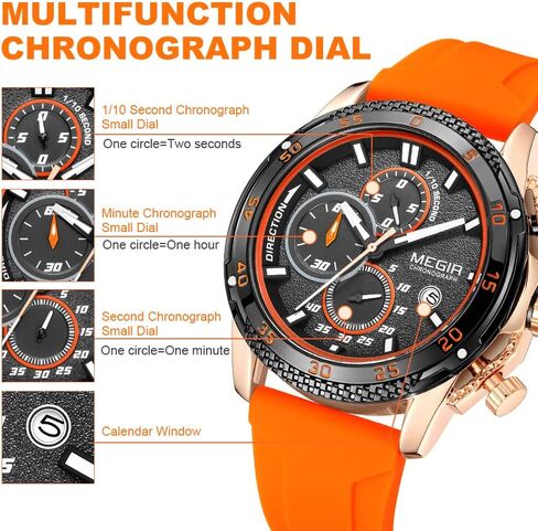MEGIR Men's Sports Analogue Chronograph Luminous Quartz Watches with Stylish Orange Silicone Strap for Gifts (2211 Orange) in Saudi Arabia