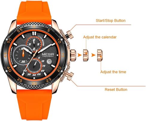 MEGIR Men's Sports Analogue Chronograph Luminous Quartz Watches with Stylish Orange Silicone Strap for Gifts (2211 Orange) in Saudi Arabia