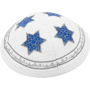 كيبا قطن Hq مقاس 19 سم مع تطريز نجمة داود الفضية والزرقاء للرجال والأولاد، قبعة ياماكا من إسرائيل (قاعدة بيضاء) in Kuwait