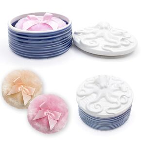 Large Body Powder Puff and Container - 4.4'' Ceramic Dusting Powder Container with 2 Soft Washable Reusable Velour Face Body Glitter Wet Dry Makeup (Blue) in Saudi Arabia