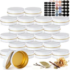 علب ألومنيوم سعة 2 أونصة مع أغطية (48 عبوة)، علب مرهم فارغة مستديرة مع أغطية، حاويات معدنية للمرهم، بلسم محلي الصنع، ألواح لوشن DIY وتخزين السفر - قابلة لإعادة التدوير، متينة (أبيض وذهبي) in Kuwait
