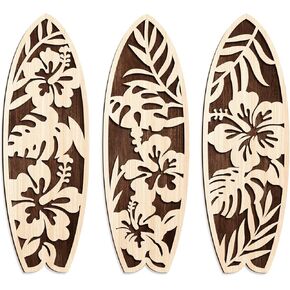 COLOR VALLEY ART 3 Pieces Hibiscus Surfboard Decor for Bedroom Wooden Beach Wall Decor Summer Wood Surfboard Wall Hanging Sign for Tropical Living Room Decoration, 4''Lx12W''*3 (Brown) in Kuwait