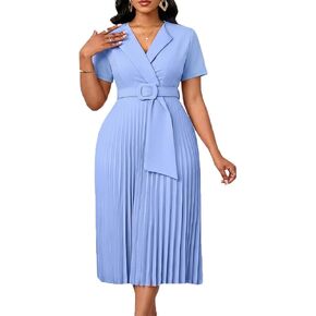 Elainone Women Pleated Dress Short Sleeve Semi Formal Business Casual Dress Wedding Guest Pleated Dresses in Kuwait