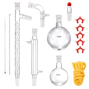 VEVOR Laboratory Distillation Set, 3.3 Borosilicate Glass Equipment with 24/40 Joint, 1000ml Capacity for Essential Oil Extraction, 14-Piece Glassware Kit in Kuwait