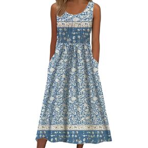 Sleeveless Dress for Women 2026 Summer Boho Floral Maxi Dress Casual Flowy Beach Vacation Tank Long Sundresses in Kuwait