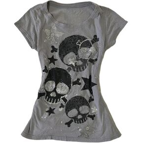 تي شيرت إيمو جرونج جرافيك قصير Y2K هاراجوكو هيكل عظمي مطبوع تي شيرت ستار بيبي تي شيرت للنساء ملابس الصيف القوطي البديل in Kuwait