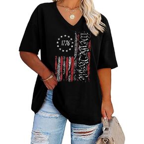 Plus Size V-Neck 4th of July T Shirt Women Distressed American Flag Graphic Tees Casual Loose Patriotic Shirts Tops in Kuwait
