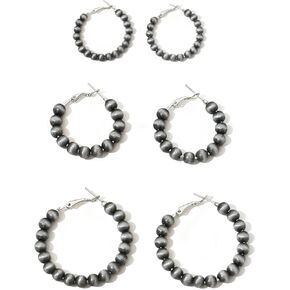 3 Pairs Navajo Pearl Hoop Earrings, Western Cowgirl Jewelry for Women, Vintage Beaded Hoops Navajo Pearl Earrings with 3 Sizes, Country Concert Gifts for Women in Kuwait