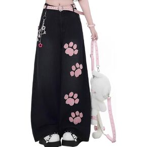 Kawaii Fashion High Waisted Wide Leg Jeans Y2K Casual Harajuku Cute Cat's Claw Patchwork Pants for Women in Kuwait