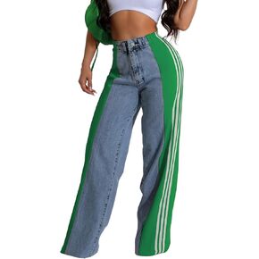 XZLUFNY Women's Jeans Two Tone Patchwork Striped Denim Pant Color Block Straight Wide Leg Trousers in Kuwait