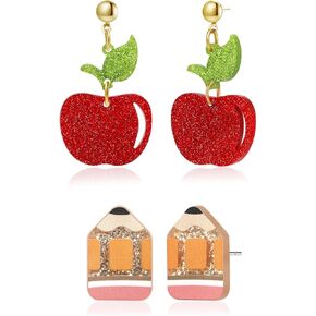 Teacher's Earrings for Women - Cute Apple & Pencil Lightweight Acrylic Stud Earrings for Teacher Appreciation Day Birthday Gifts in Kuwait