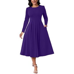 فستان ZonJie نسائي أنيق بأكمام طويلة متوسط ​​الطول ورقبة دائرية سوينغ على شكل حرف a مضيئة في الكنيسة وحفلات العمل فساتين غير رسمية مع جيوب in Kuwait