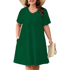 AusLook Plus Size Midi Dress for Women Short Sleeve V Neck Criss Cross A Line Summer Casual Vacation Sundresses with Pockets in Kuwait