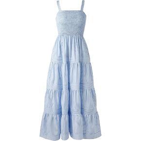 Women's Light Blue Striped Smocked Maxi Dress - Sleeveless Square Neck Tiered Summer Beach Dress in Kuwait