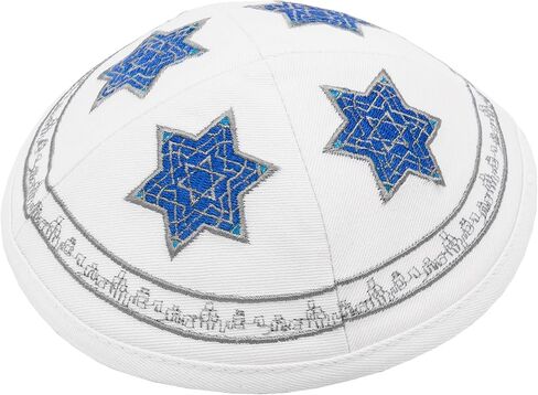 كيبا قطن Hq مقاس 19 سم مع تطريز نجمة داود الفضية والزرقاء للرجال والأولاد، قبعة ياماكا من إسرائيل (قاعدة بيضاء) in Kuwait