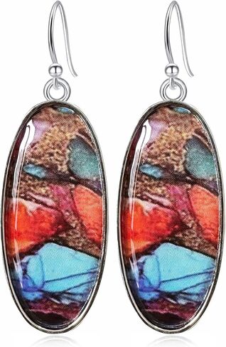 GPASTG البوهيمي خمر الفضة القبلية الملونة حجر البيضاوي استرخى انخفاض الأقراط الرجعية الهندسة هوك الأقراط للنساء in Kuwait