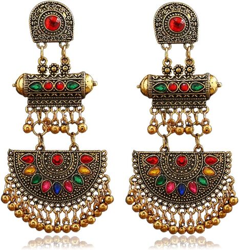 Boho CZ Indian Dangle Drop Statement Earrings for Women Antique Silver Gold-Toned Bohemian Beaded Bell Tassel Dangling Stud Earring Lightweight Vintage Mexico Jhumka Jhumki Jewelry in Saudi Arabia