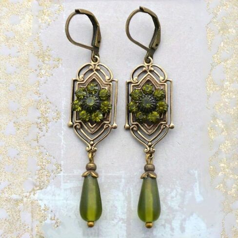 Victorian Edwardian Art Nouveau Decorative Earrings, vintage Golden Green Synthetic Zircon Earrings, in Saudi Arabia