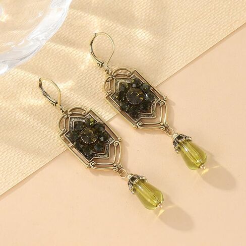 Victorian Edwardian Art Nouveau Decorative Earrings, vintage Golden Green Synthetic Zircon Earrings, in Saudi Arabia