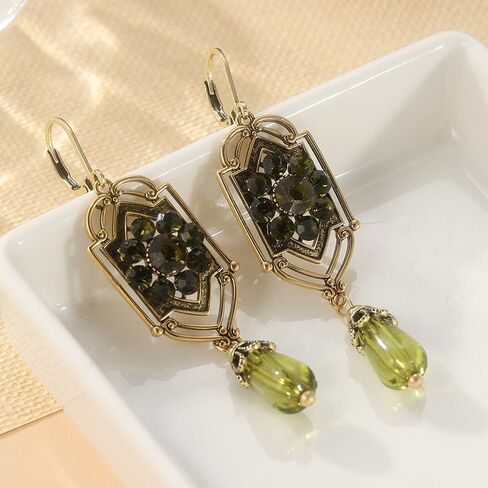 Victorian Edwardian Art Nouveau Decorative Earrings, vintage Golden Green Synthetic Zircon Earrings, in Saudi Arabia