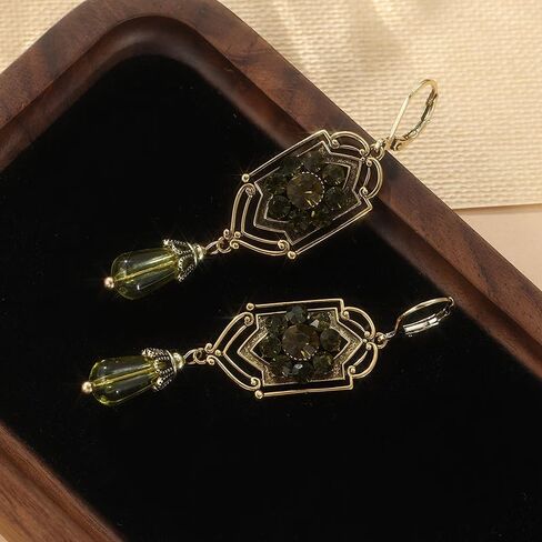 Victorian Edwardian Art Nouveau Decorative Earrings, vintage Golden Green Synthetic Zircon Earrings, in Saudi Arabia