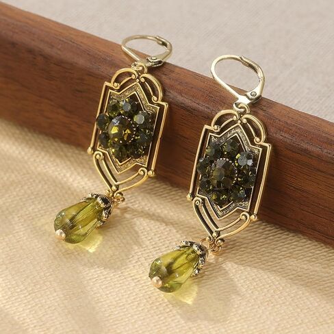Victorian Edwardian Art Nouveau Decorative Earrings, vintage Golden Green Synthetic Zircon Earrings, in Saudi Arabia