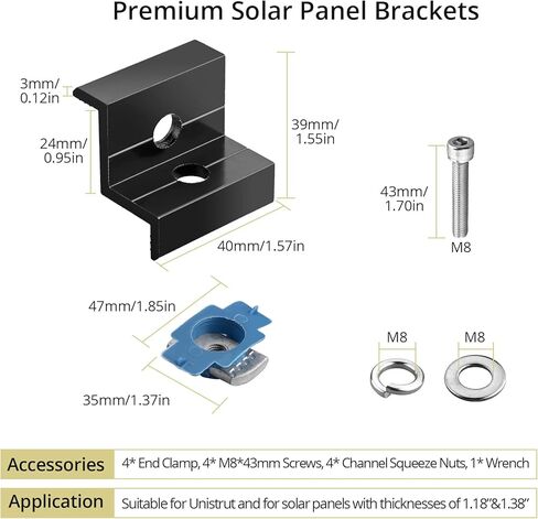 Anbte 4pcs Solar Panel End Clamp for Standard Unistrut, Aluminum 30mm/35mm Solar Panel Brackets with Nuts Bolts, Solar Panel Mounting Kit for Metal Roof, Tin Roof, Flat Roof, Sheet Roof, Black in Kuwait